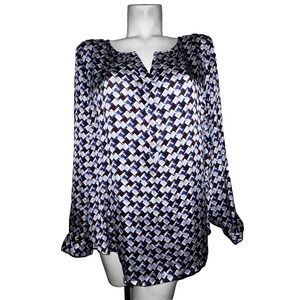 Talbots Top Plus Size 2X Woman Geometric Print V Neck Long Sleeve Blouse Work
